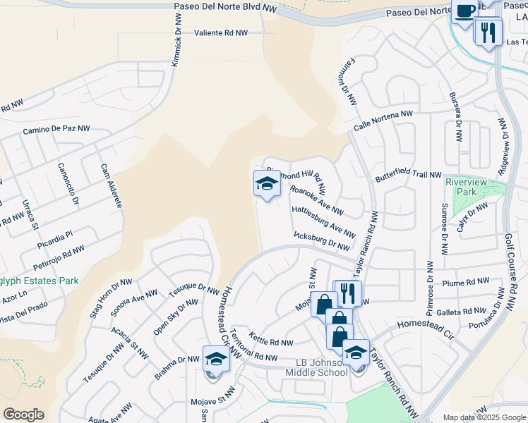 map of restaurants, bars, coffee shops, grocery stores, and more near 5401 Homestead Circle Northwest in Albuquerque