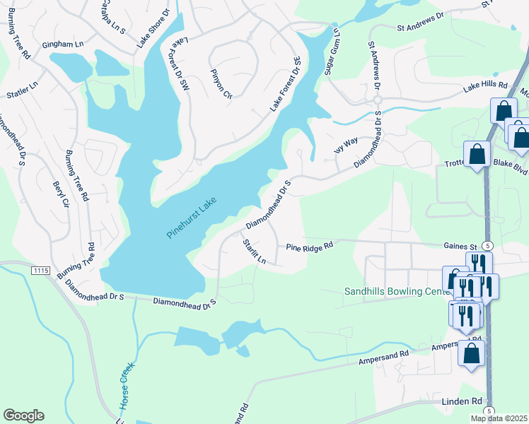 map of restaurants, bars, coffee shops, grocery stores, and more near 755 Diamondhead Drive South in Pinehurst