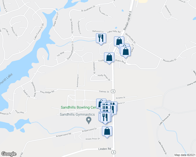 map of restaurants, bars, coffee shops, grocery stores, and more near 20 Holly Pines Drive in Pinehurst