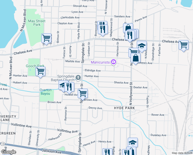 map of restaurants, bars, coffee shops, grocery stores, and more near 2260 Shasta Avenue in Memphis