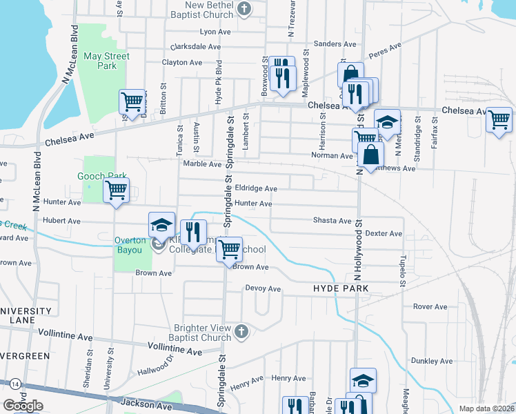 map of restaurants, bars, coffee shops, grocery stores, and more near 2260 Shasta Avenue in Memphis