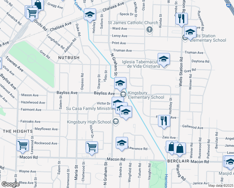 map of restaurants, bars, coffee shops, grocery stores, and more near 4055 Bayliss Avenue in Memphis
