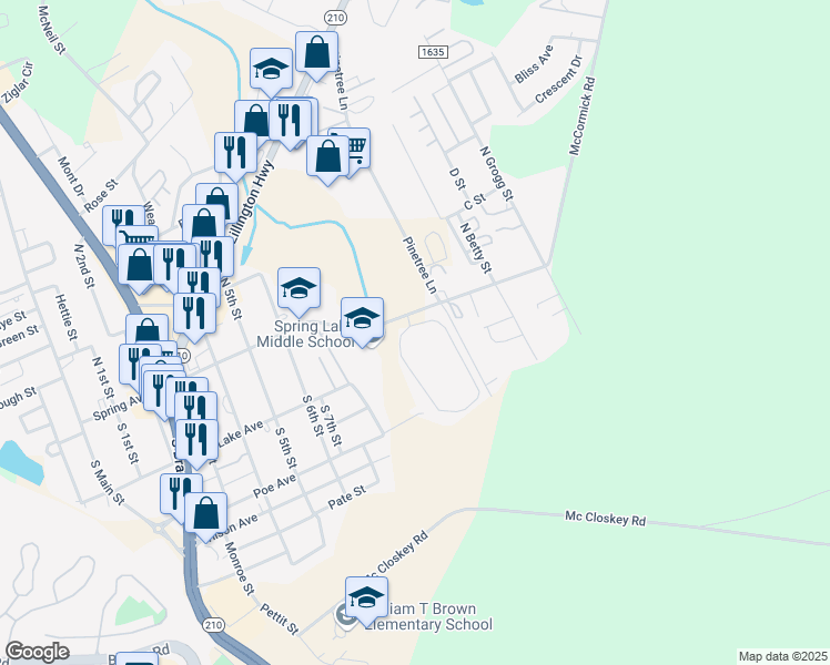 map of restaurants, bars, coffee shops, grocery stores, and more near 201 Stonebriar Circle in Spring Lake