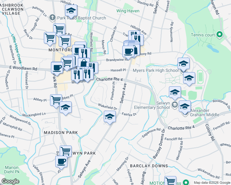map of restaurants, bars, coffee shops, grocery stores, and more near 3215 Pinehurst Place in Charlotte
