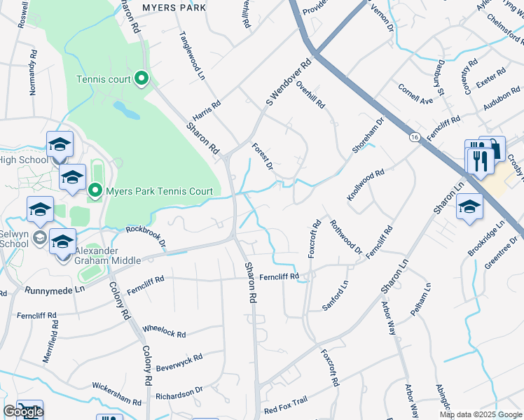 map of restaurants, bars, coffee shops, grocery stores, and more near 3121 Sharon Road in Charlotte