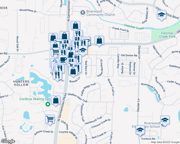 map of restaurants, bars, coffee shops, grocery stores, and more near 1621 Smokehouse Drive in Memphis