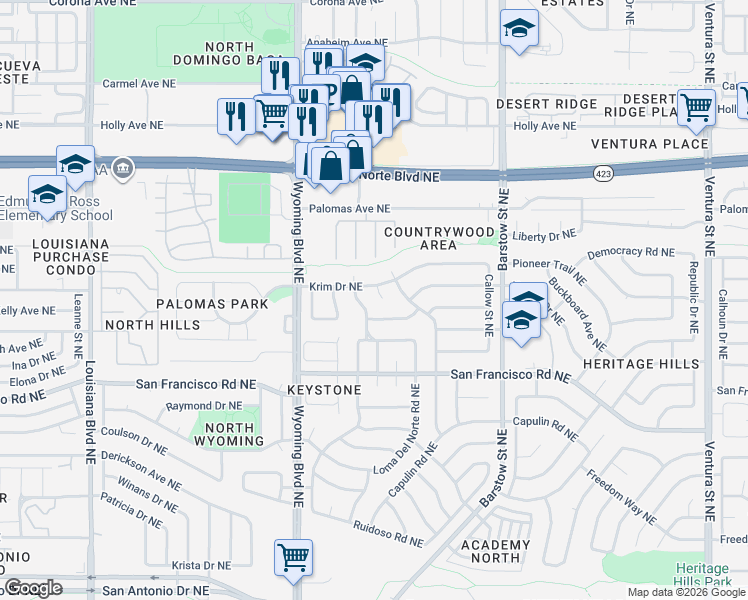 map of restaurants, bars, coffee shops, grocery stores, and more near 7717-7721 Roberts Street Northeast in Albuquerque