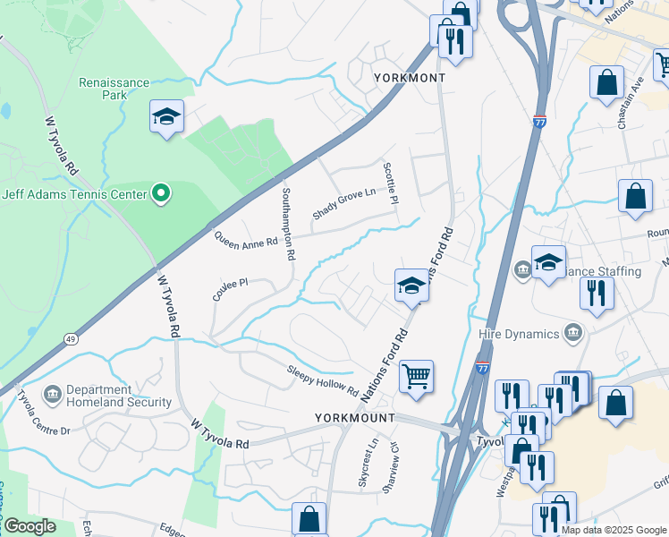 map of restaurants, bars, coffee shops, grocery stores, and more near 345 Bridal Veil Drive in Charlotte