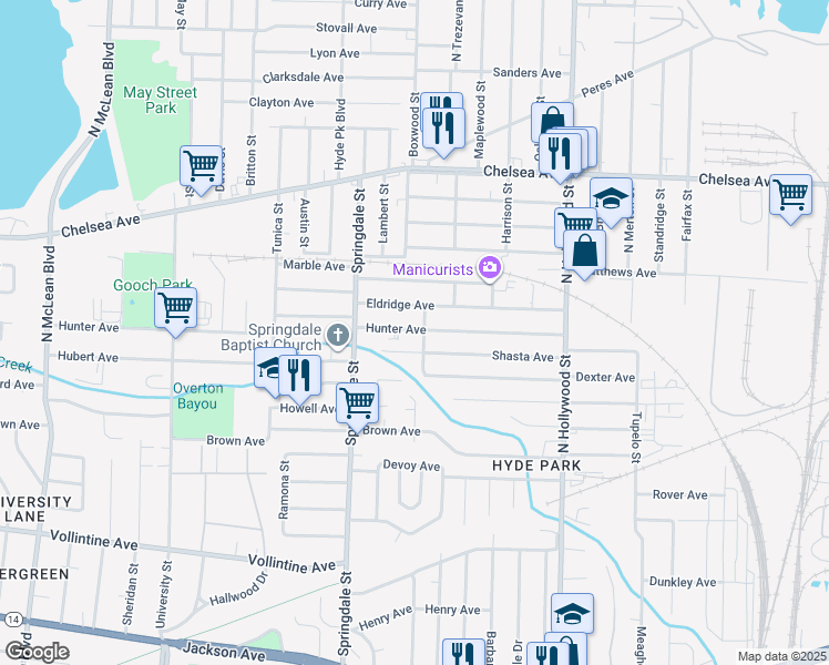 map of restaurants, bars, coffee shops, grocery stores, and more near 2260 Shasta Avenue in Memphis