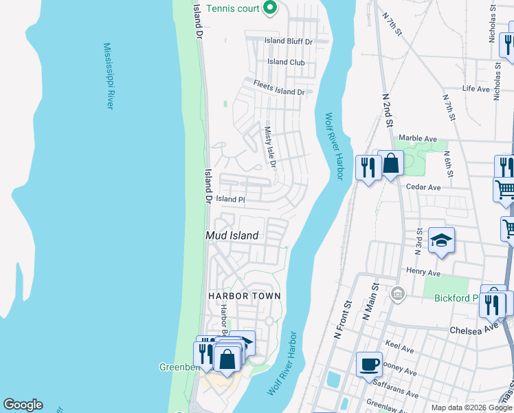 map of restaurants, bars, coffee shops, grocery stores, and more near 133 Harbor Club Circle North in Memphis