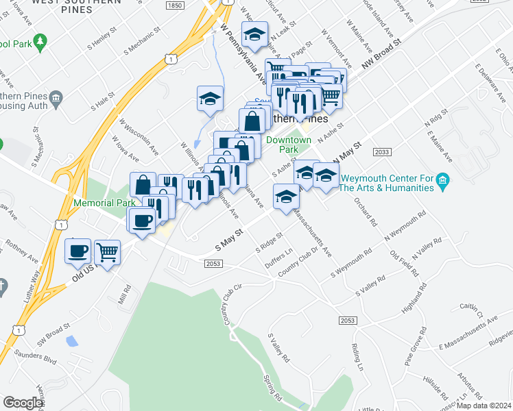 map of restaurants, bars, coffee shops, grocery stores, and more near 268 East Indiana Avenue in Southern Pines