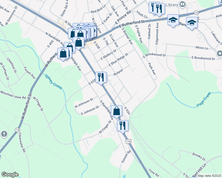 map of restaurants, bars, coffee shops, grocery stores, and more near 527 South Shamrock Avenue in Landrum