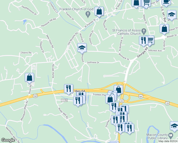 map of restaurants, bars, coffee shops, grocery stores, and more near 95 1st Fairway Drive in Franklin