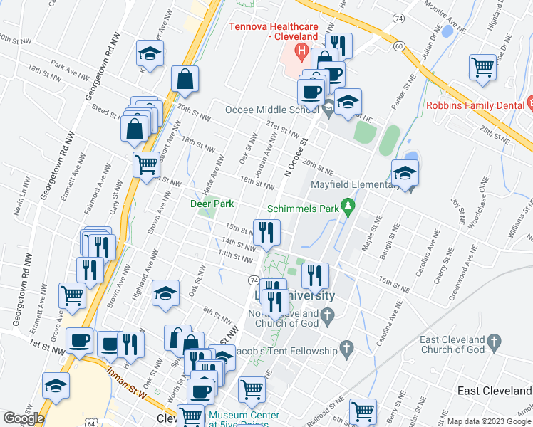 map of restaurants, bars, coffee shops, grocery stores, and more near 1665 North Ocoee Street in Cleveland