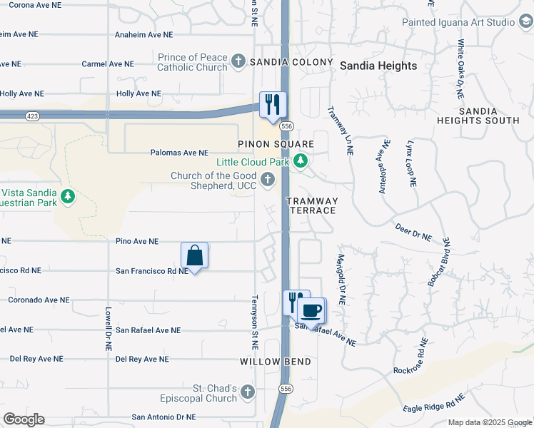 map of restaurants, bars, coffee shops, grocery stores, and more near 2503 Tramway Terrace Court Northeast in Albuquerque
