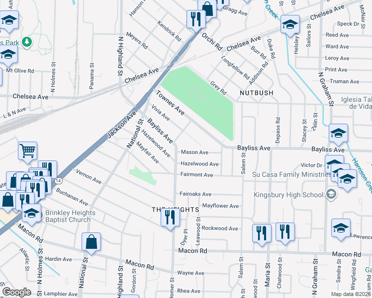 map of restaurants, bars, coffee shops, grocery stores, and more near 3654 Hazelwood Avenue in Memphis