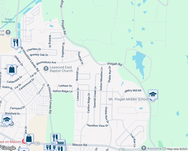 map of restaurants, bars, coffee shops, grocery stores, and more near 1621 Sawmill Creek Lane in Shelby County