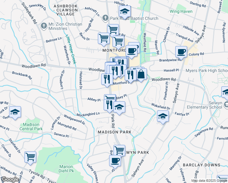 map of restaurants, bars, coffee shops, grocery stores, and more near 4535 Park Road in Charlotte