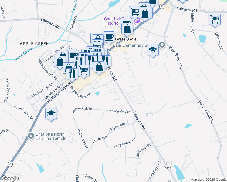 map of restaurants, bars, coffee shops, grocery stores, and more near 8235 Bretton Woods Drive in Mint Hill