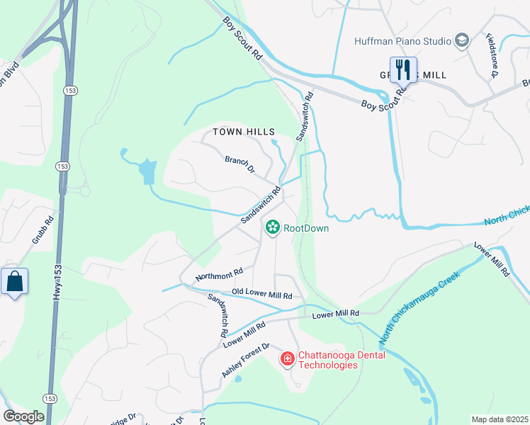 map of restaurants, bars, coffee shops, grocery stores, and more near 6607 Bramblerose Lane in Chattanooga
