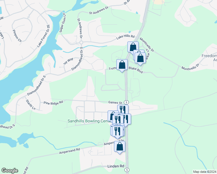 map of restaurants, bars, coffee shops, grocery stores, and more near 22 Holly Pines Drive in Pinehurst
