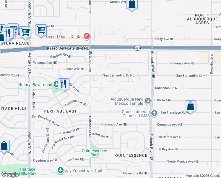 map of restaurants, bars, coffee shops, grocery stores, and more near 9840 Ranchitos Road Northeast in Albuquerque