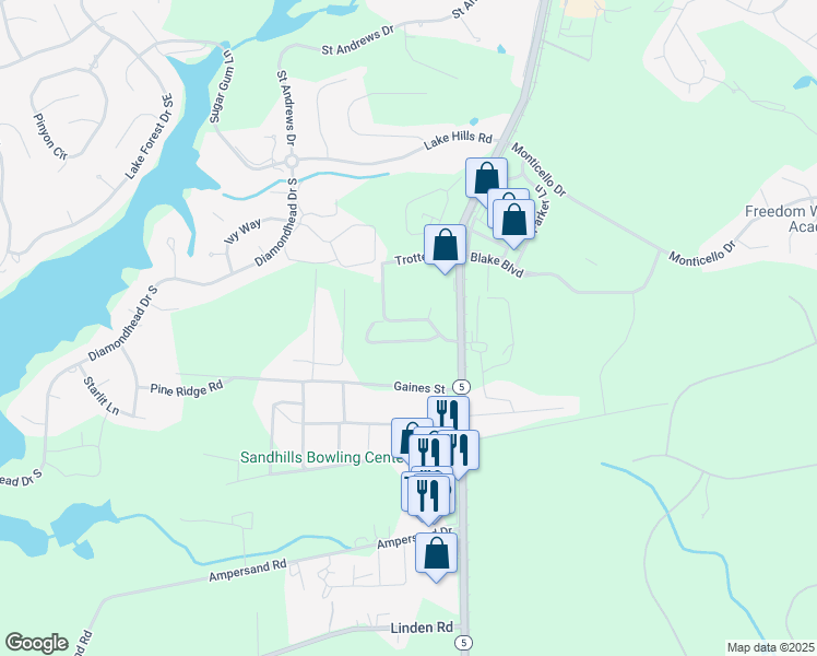 map of restaurants, bars, coffee shops, grocery stores, and more near 40 Holly Pines Drive in Pinehurst