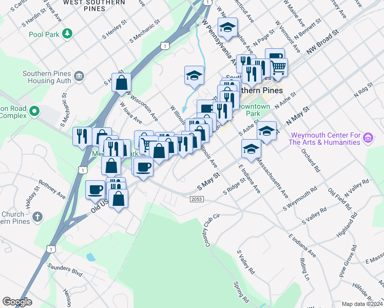 map of restaurants, bars, coffee shops, grocery stores, and more near 615 Southeast Broad Street in Southern Pines