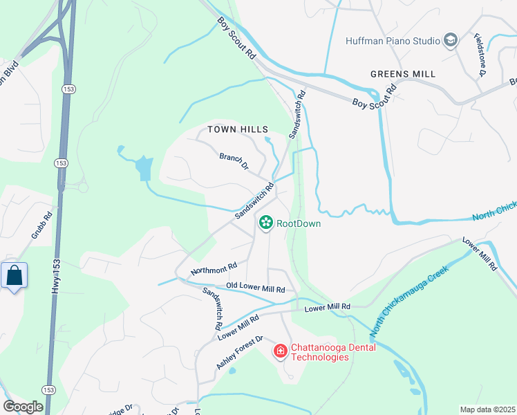 map of restaurants, bars, coffee shops, grocery stores, and more near 6607 Bramblerose Lane in Chattanooga
