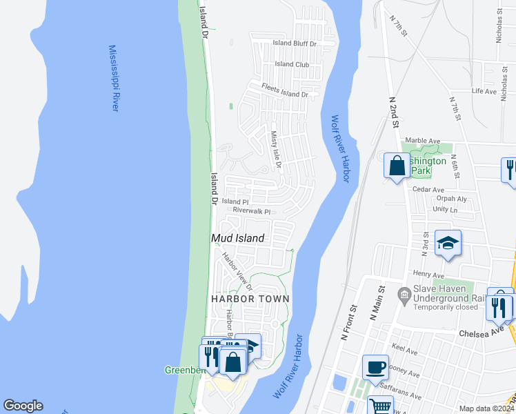 map of restaurants, bars, coffee shops, grocery stores, and more near 133 Harbor Club Circle North in Memphis
