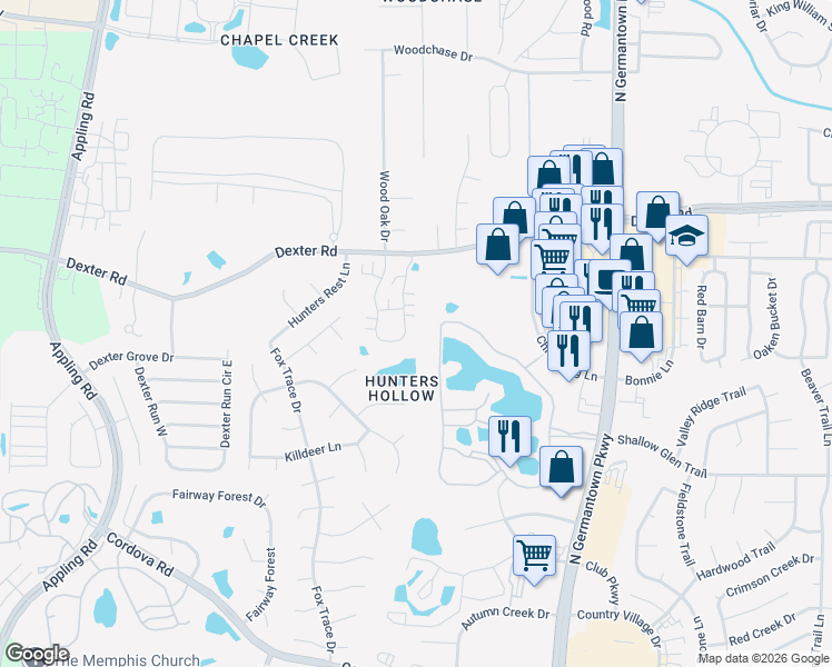map of restaurants, bars, coffee shops, grocery stores, and more near 1602 East Southfield Circle in Memphis