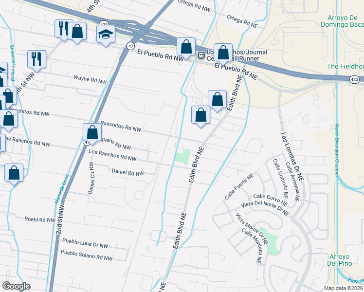 map of restaurants, bars, coffee shops, grocery stores, and more near 7805 Edith Boulevard Northeast in Albuquerque