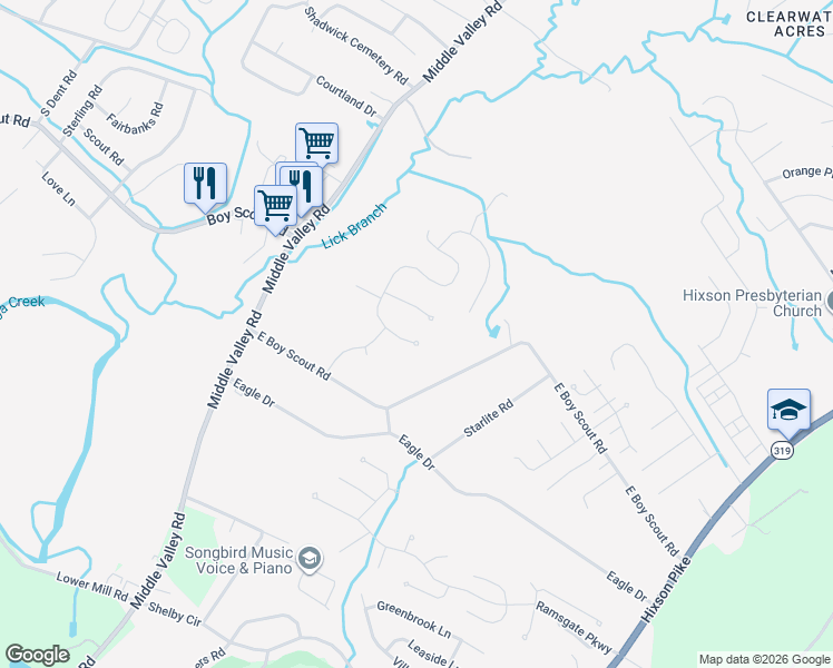 map of restaurants, bars, coffee shops, grocery stores, and more near 6801 Autumn Lake Trail in Middle Valley