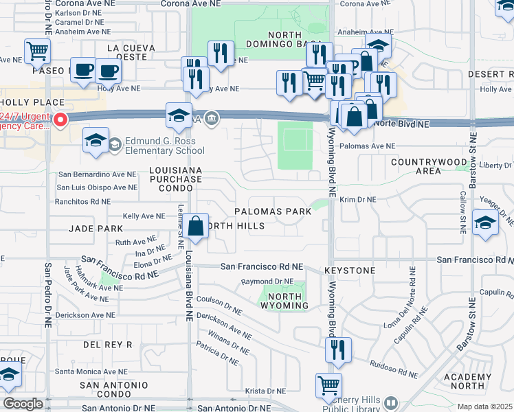 map of restaurants, bars, coffee shops, grocery stores, and more near 7215 Capitan Avenue Northeast in Albuquerque