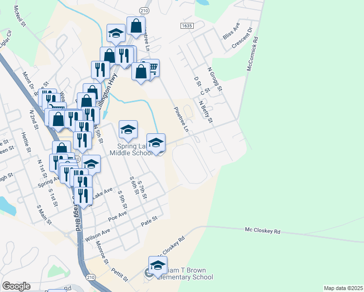 map of restaurants, bars, coffee shops, grocery stores, and more near 291 Stonebriar Circle in Spring Lake
