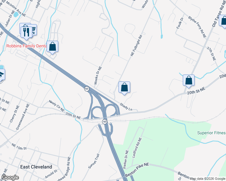 map of restaurants, bars, coffee shops, grocery stores, and more near 1158 Clint Drive Northeast in Cleveland