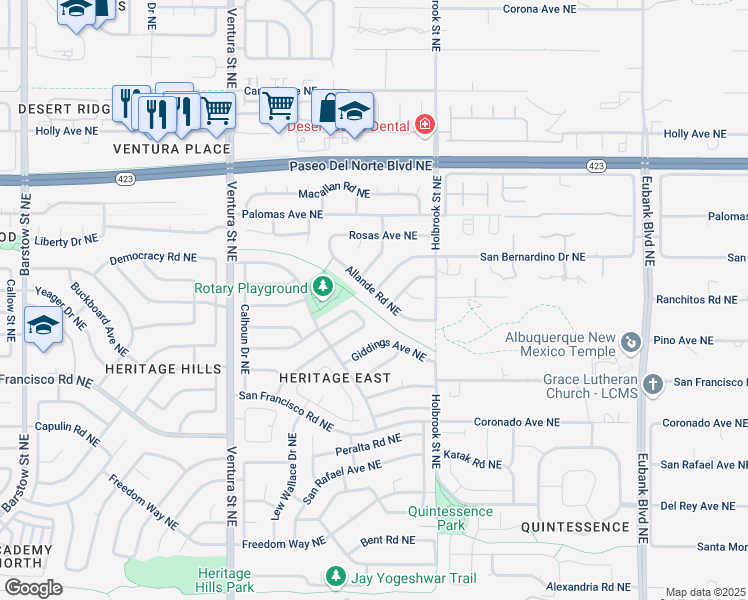 map of restaurants, bars, coffee shops, grocery stores, and more near 9605 San Bernardino Avenue Northeast in Albuquerque