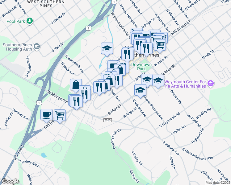 map of restaurants, bars, coffee shops, grocery stores, and more near 480 South Ashe Street in Southern Pines