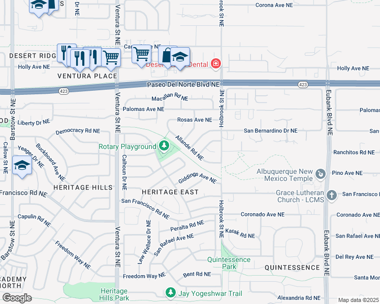 map of restaurants, bars, coffee shops, grocery stores, and more near 9605 San Bernardino Avenue Northeast in Albuquerque
