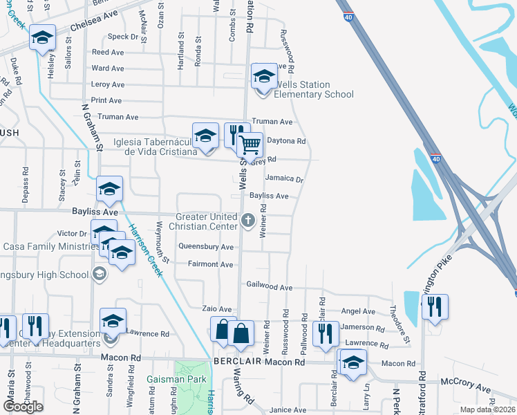 map of restaurants, bars, coffee shops, grocery stores, and more near 1435 Weiner Road in Memphis