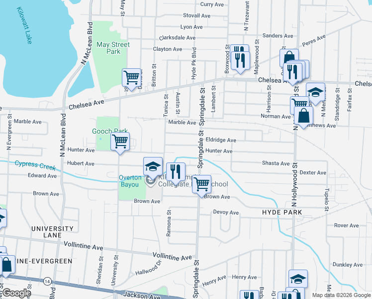 map of restaurants, bars, coffee shops, grocery stores, and more near 2167 Eldridge Avenue in Memphis