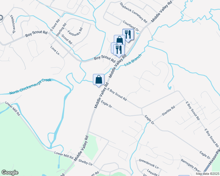 map of restaurants, bars, coffee shops, grocery stores, and more near 1605 East Boy Scout Road in Middle Valley