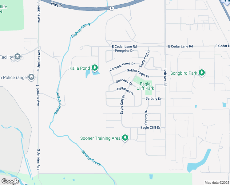 map of restaurants, bars, coffee shops, grocery stores, and more near 4000 Gyrfalcon Court in Norman