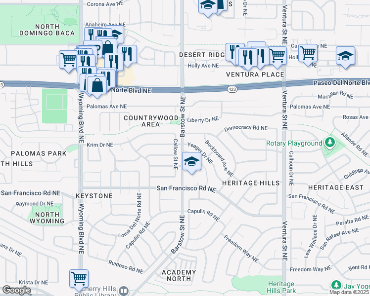 map of restaurants, bars, coffee shops, grocery stores, and more near 7839 Pioneer Trail Northeast in Albuquerque