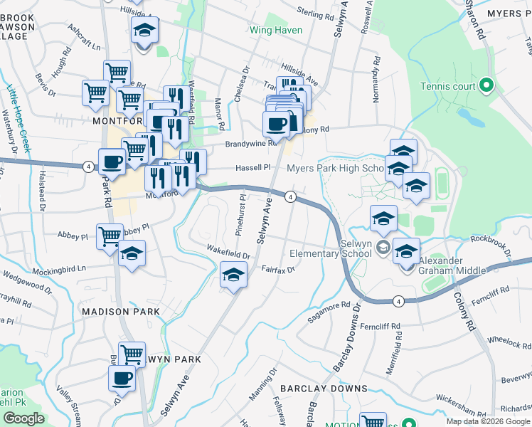 map of restaurants, bars, coffee shops, grocery stores, and more near Selwyn Avenue in Charlotte