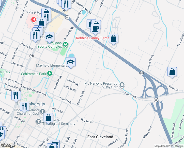 map of restaurants, bars, coffee shops, grocery stores, and more near 2037 Elaine Drive Northeast in Cleveland
