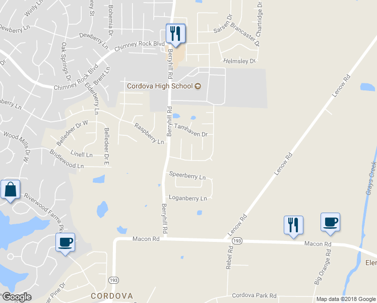 map of restaurants, bars, coffee shops, grocery stores, and more near 1633 Durhamshire Cove in Shelby County