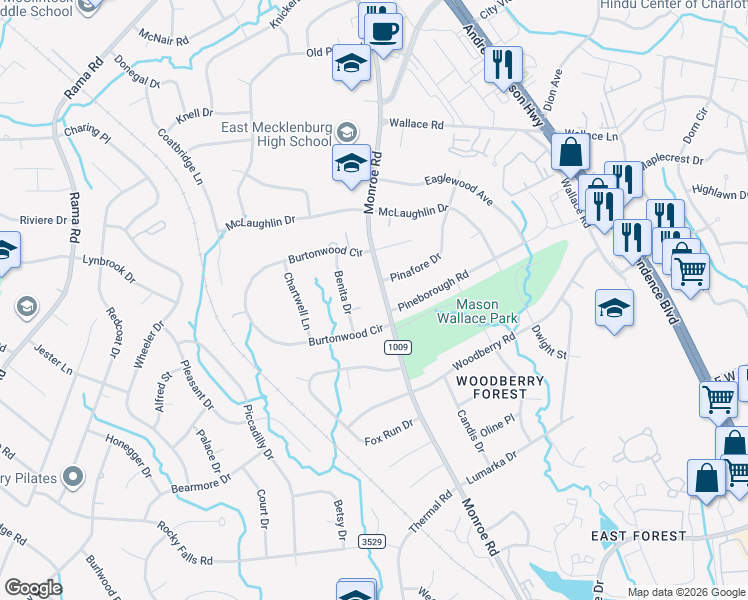 map of restaurants, bars, coffee shops, grocery stores, and more near 7114 Monroe Road in Charlotte