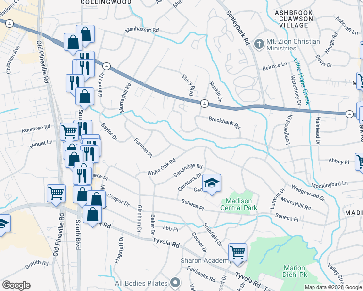 map of restaurants, bars, coffee shops, grocery stores, and more near 4914 Zephyr Lane in Charlotte