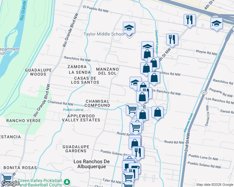 map of restaurants, bars, coffee shops, grocery stores, and more near 520 Los Ranchos Road Northwest in Los Ranchos de Albuquerque